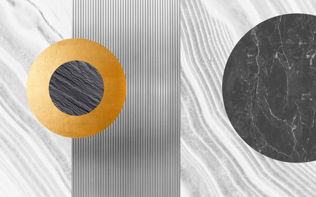 3d modern mural wallpaper. white, gray marble and silver lines and golden balls sphere. modern background wall decorの写真素材