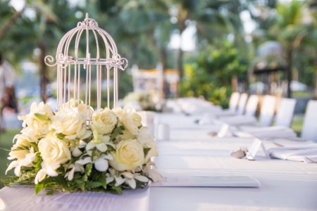 wedding dinner set up in garden inside beachの写真素材