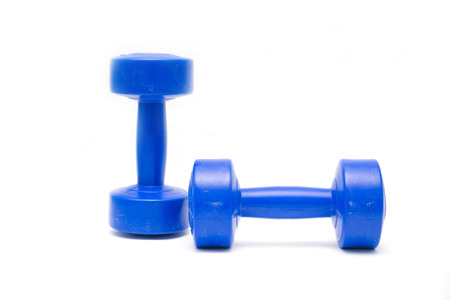 Blue dumbbells isolate on white backgroundの写真素材
