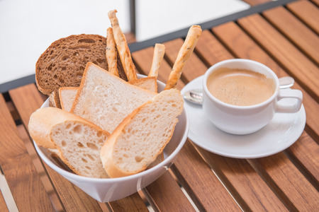 bread and hot coffee for breakfast, cuisineの写真素材