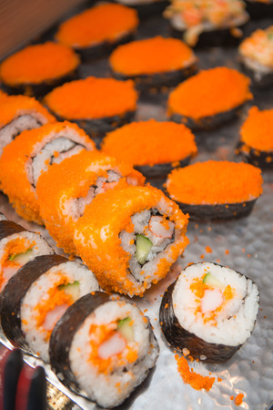 set of fresh sushi roll japanese food,の写真素材