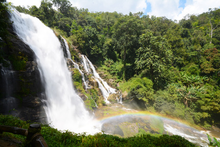 beautiful waterfall and rainbow in forest : Vachiratharn waterfall in Chiang Mai, Thailandの写真素材