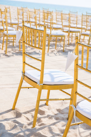wedding set up on beach,chairの写真素材