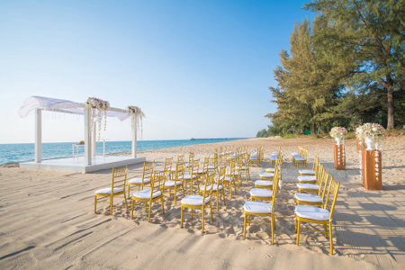 wedding set up on beach,chairの写真素材