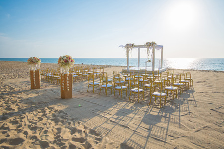 wedding set up on beach,chairの写真素材