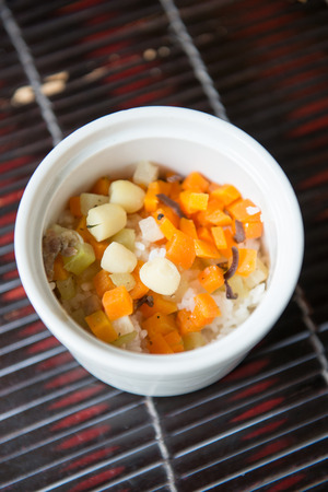 Steamed lotus seed rice with carrot, foodの写真素材
