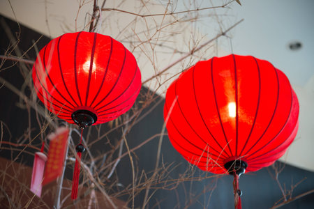 Red paper lanterns for decoration, lampの写真素材