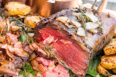 beef grill steak with onion and pineapple, foodの写真素材