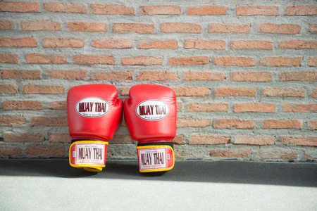 Red Boxing Gloves "MUAY THAI" for fight, gymnasiumの写真素材