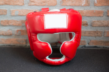 Red The boxing helmet "MUAY THAI" for fight, sportの写真素材
