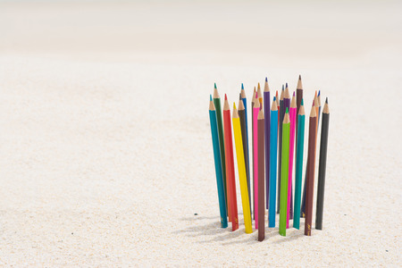 crayon wood color on the beach, stationeryの写真素材