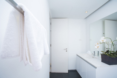 white towel in bathroom, homeの写真素材