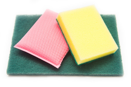 Sponges for dishwashing on white background, cleaningの写真素材