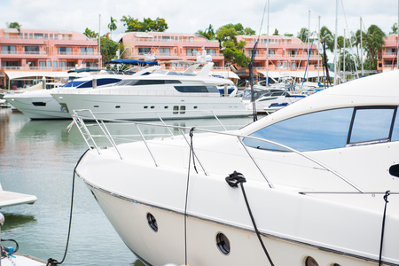 white private yacht in harbor, speed boatの写真素材