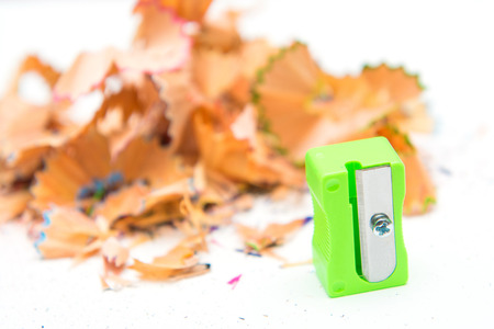 pencil Sharpener and crayon pencil scrap on white backgroundの写真素材