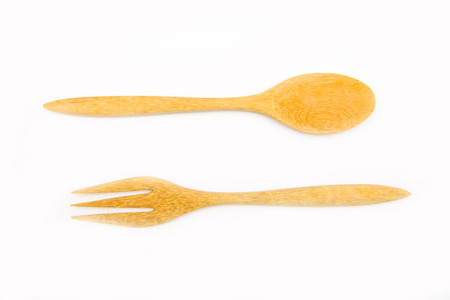 wooden fork and spoon for eating, cutlery setの写真素材