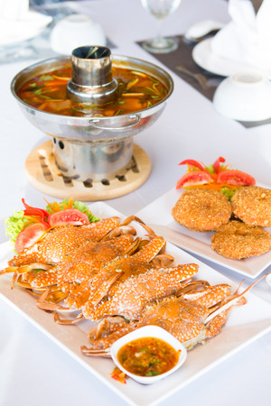 Steamed crab with fried shrimp and soup for dinner, foodの写真素材