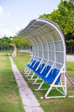 seats for coaches and athletes on the football field, outdoorの写真素材