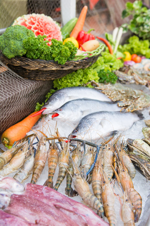 fresh seafood on ice for cooking in restaurant, foodの写真素材