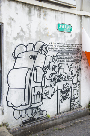 GEORGETOWN, PENANG, MALAYSIA-AUGUST 9, 2015 street art on wall in george town world heritage in Penang, Malaysia, Travelのeditorial素材
