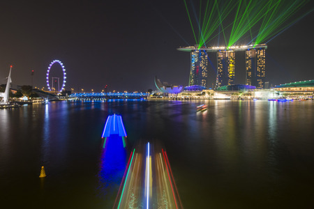 MARINA BAY SANDS, SINGAPORE OCTOBER 12, 2015: beautiful laser show at the Marina Bay waterfront, Singapore on October 12, 2015, landmarkのeditorial素材