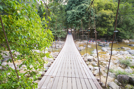 suspension bridge over the stream, woodenの写真素材