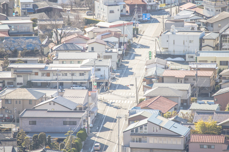 KAWAGUCHIKO, JAPAN - FEBRUARY 19, 2016 : cityscape of Shimoyoshida from viewpoint, villageのeditorial素材
