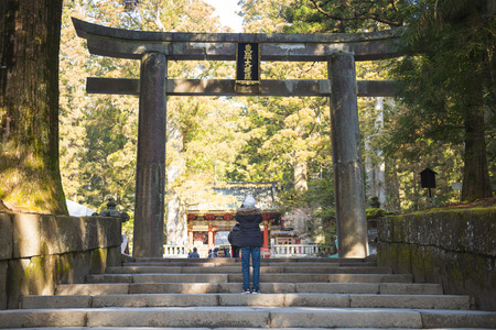 NIKKO, JAPAN - FEBRUARY 22, 2016 : concrete stairs pathway to Toshogu Shrine, Japan, Landmark