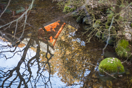 reflection of Japanese Shrine in water, natureの写真素材