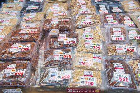 UENO, JAPAN - FEBRUARY 19, 2016 : nut store in Ameyoko market, dried foodのeditorial素材