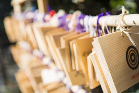 UENO, JAPAN - FEBRUARY 19, 2016 : Ema - small wooden plaques for write prayers in Japanese shrineのeditorial素材