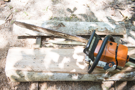 old chainsaw on the stump, equipmentのeditorial素材