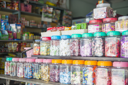 Phang-nga, Thailand - July 24, 2016 : candy in plastic bottle for sale in shop, storeのeditorial素材