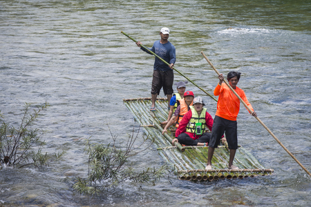 Phang-nga, Thailand - July 31, 2016: Bamboo Rafting at Glacier Emerald Kuraburi district, Phang-nga, Thailandのeditorial素材