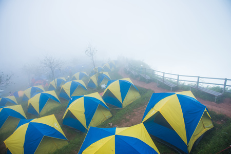 Phetchabun, Thailand - November 27, 2016 :tents camping on hill in the mist landscape at Phu Thap Boek, Phetchabun District, Thailandのeditorial素材