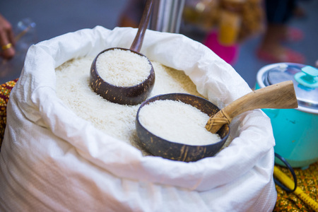 organic rice in sacks in market, food