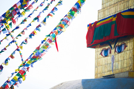 The Wisdom eyes on Boudhanath stupa landmark of Kathmandu , Nepalの写真素材