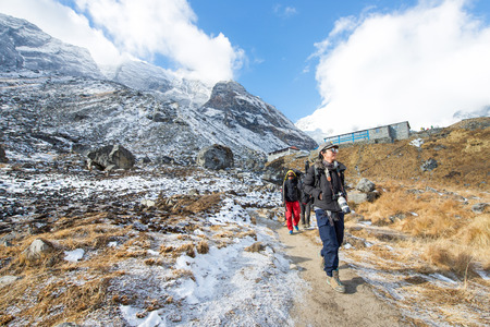 Nepal - 31 December 2016 :: mountaineer are trekking to Himalayas sanctuary , hikingのeditorial素材