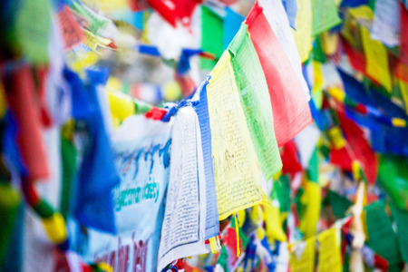 color prayer flags on top of Annapurna base camp , Nepal