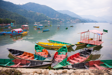 rowboat symbol of Phewa lakeshore in Pokhara city , Nepalの写真素材