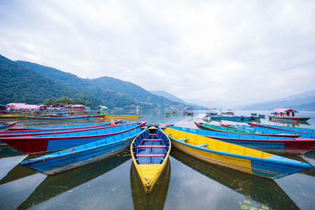 rowboat symbol of Phewa lakeshore in Pokhara city , Nepalの写真素材