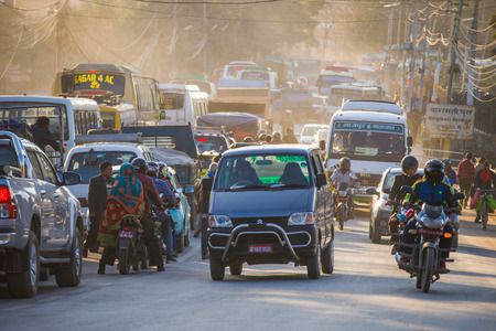 Nepal - 4 January 2017 :: traffic jam in Kathmandu town , Nepalのeditorial素材