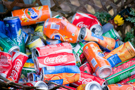 Nepal - 1 January 2017 :: sparkling water can in trashcan, recycleのeditorial素材