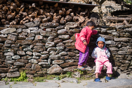Nepal - 27 December 2016 ::Nepalese kids are playing together at home , mountainのeditorial素材