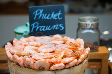 boiled shrimp in wooden buckets, prawnの写真素材