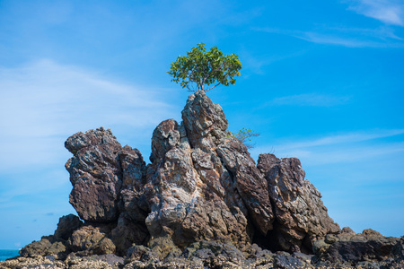 Big stone mountain on the beach against the blue sky, natureの写真素材