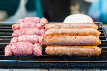 grill sour pork and Thai sausage on stove, foodの写真素材