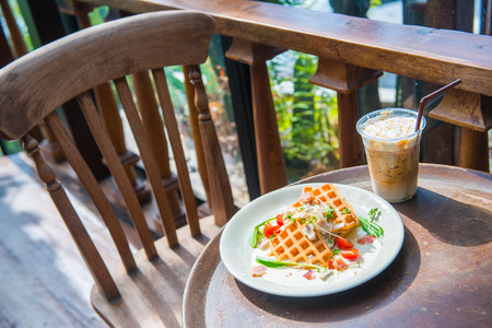 Waffle carbonara and Iced coffee caramel, foodの写真素材