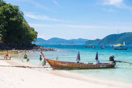 Phuket, Thailand - September 3, 2017 :Traditional long tail boat on beach at Banana beach, Koh Hey,  Phuket, Thailand, transportationのeditorial素材