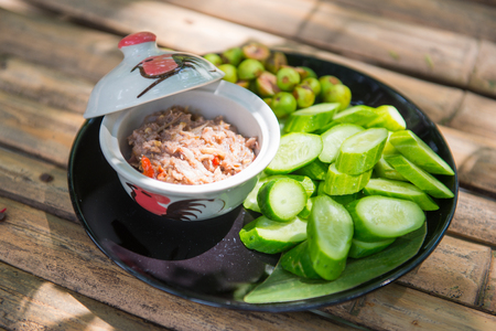 Chili paste with fresh vegetable, local foodの写真素材